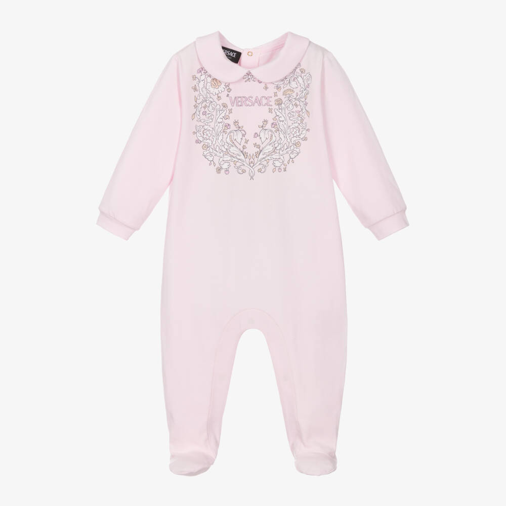 Versace-بدلة أطفال قطنية مزينة بالورود الوردية للبنات | Childrensalon Outlet
