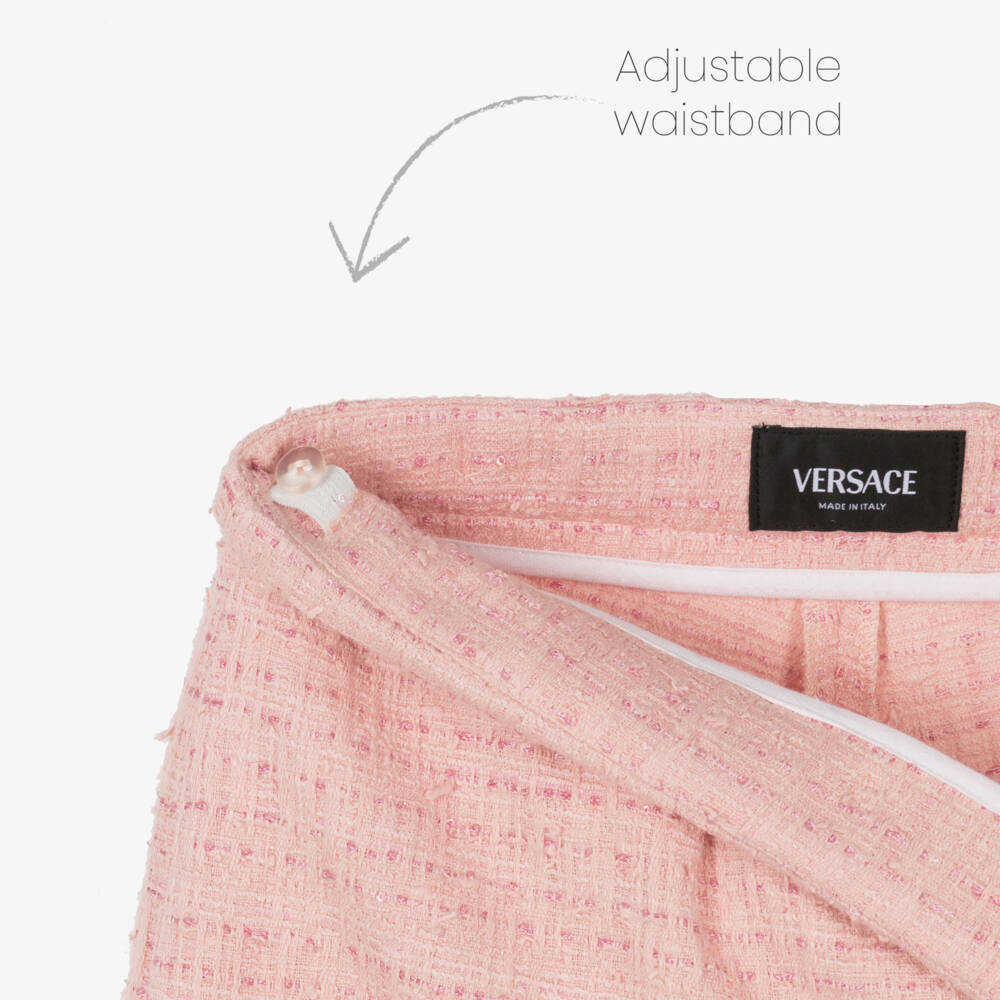 Versace-تنورة قصيرة وردية من التويد للبنات مزينة بالترتر | Childrensalon Outlet