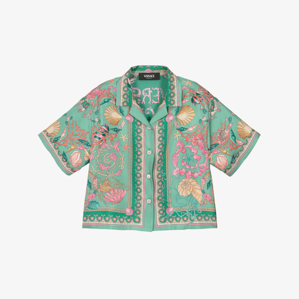 Versace-بلوزة حرير خضراء للبنات | Childrensalon Outlet