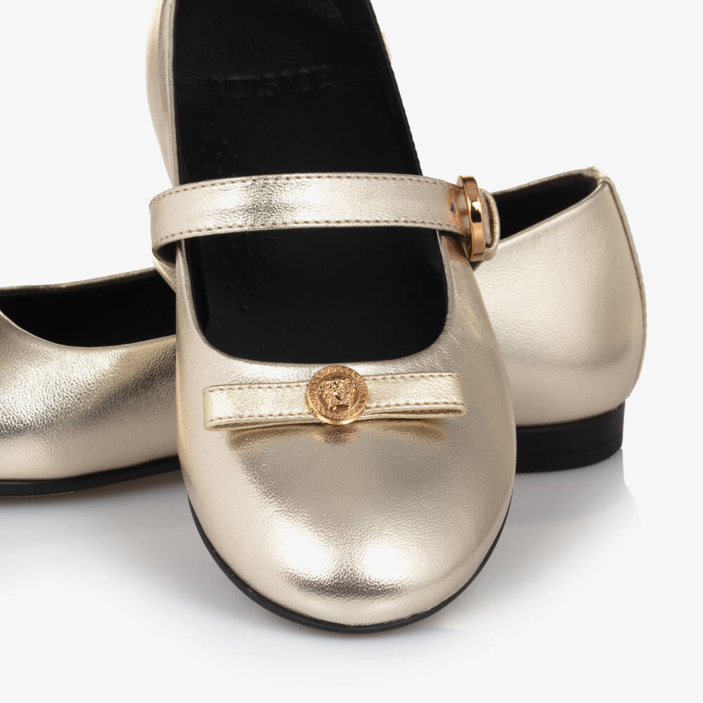 Versace-Girls Shimmering Gold Leather Flats | Childrensalon Outlet