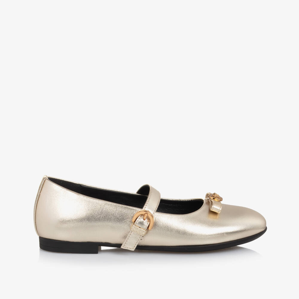 Versace-Girls Shimmering Gold Leather Flats | Childrensalon Outlet
