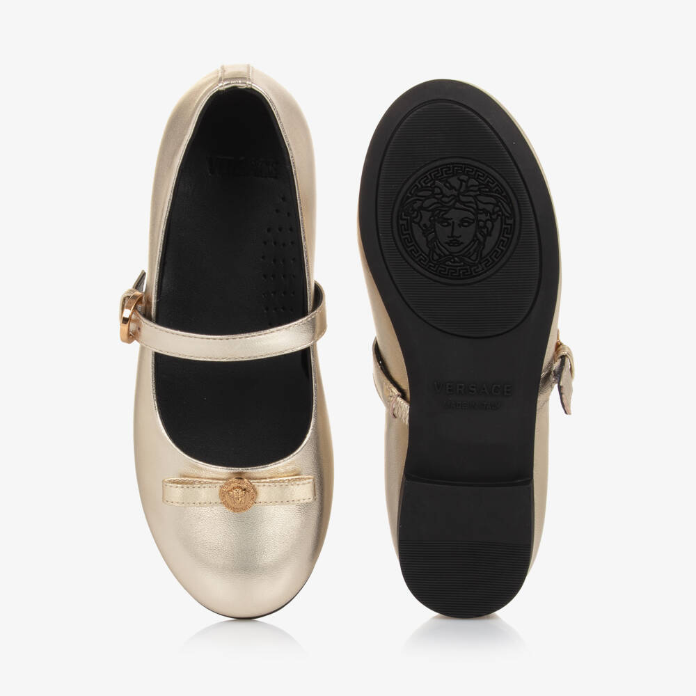 Versace-Girls Shimmering Gold Leather Flats | Childrensalon Outlet