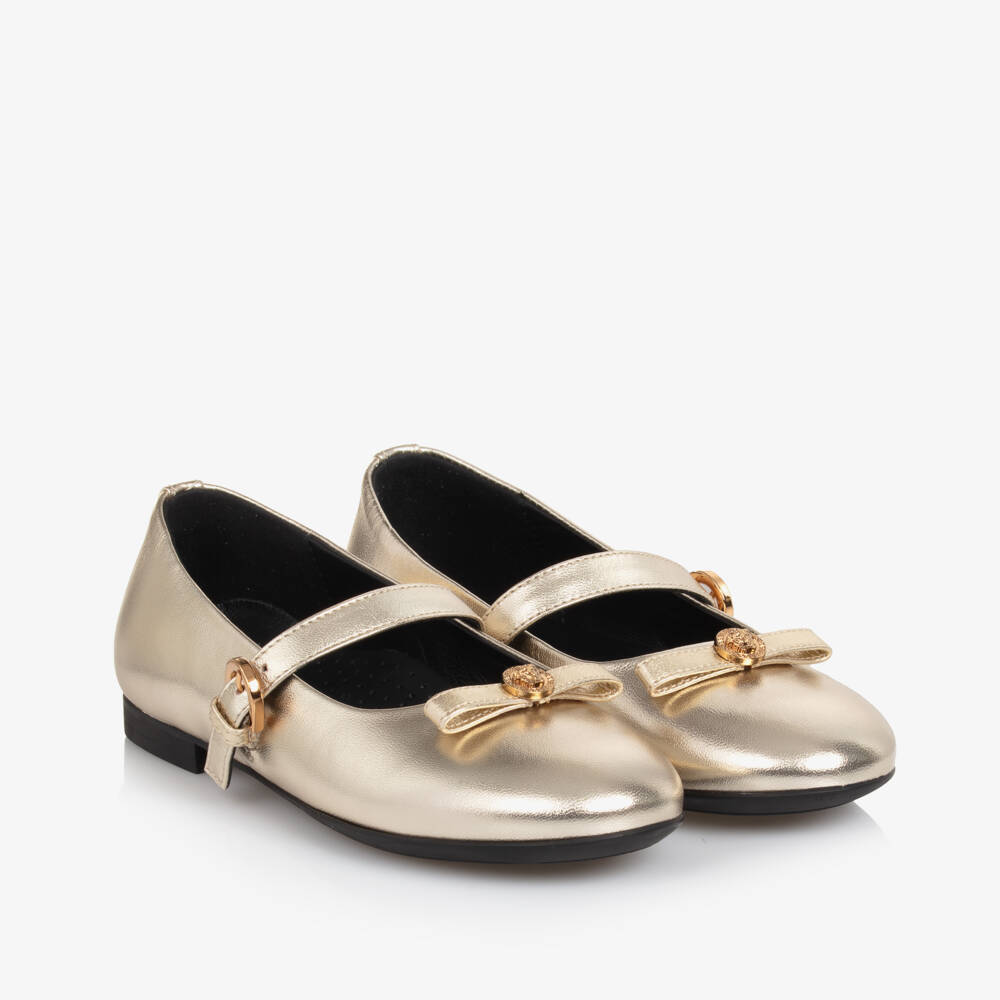 Versace-Girls Shimmering Gold Leather Flats | Childrensalon Outlet