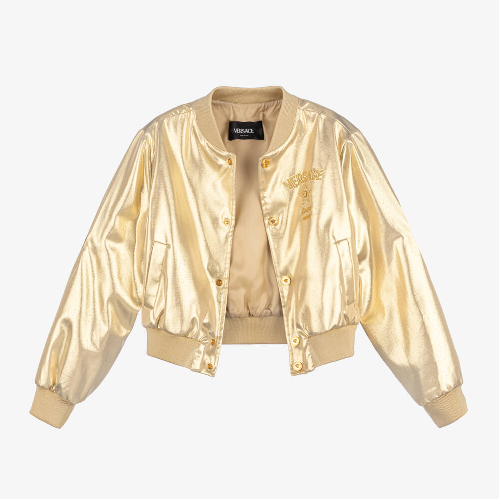 Versace-Золотая атласная куртка-бомбер для девочек | Childrensalon Outlet