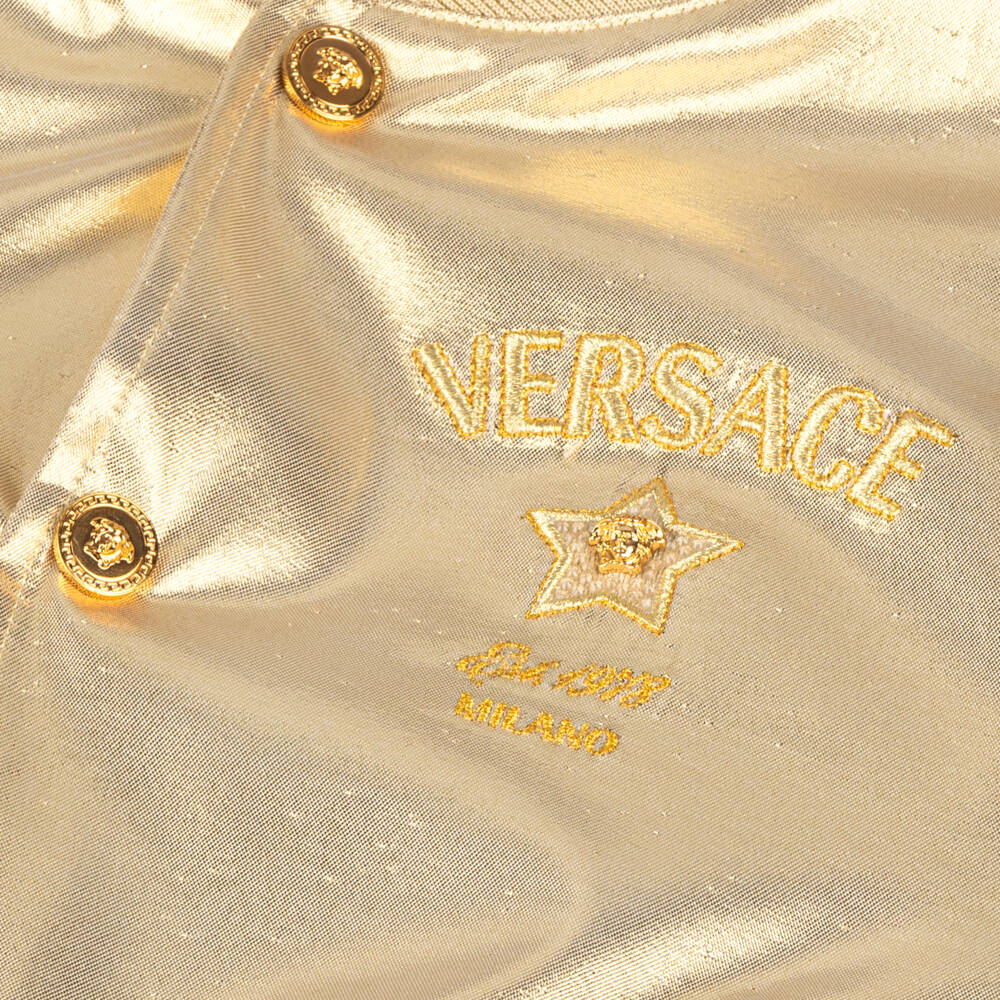 Versace-Золотая атласная куртка-бомбер для девочек | Childrensalon Outlet