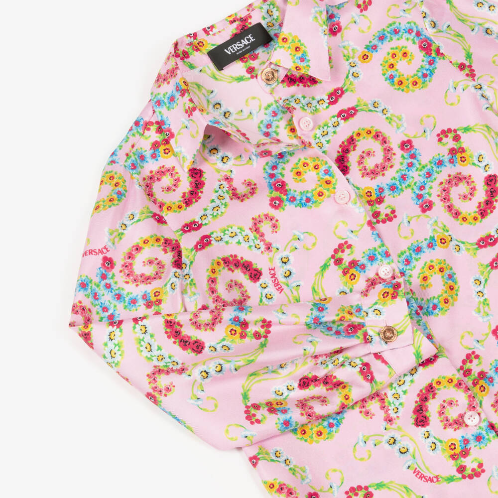 Versace-بلوزة حرير بناتي بنقشة زهور دوامية | Childrensalon Outlet