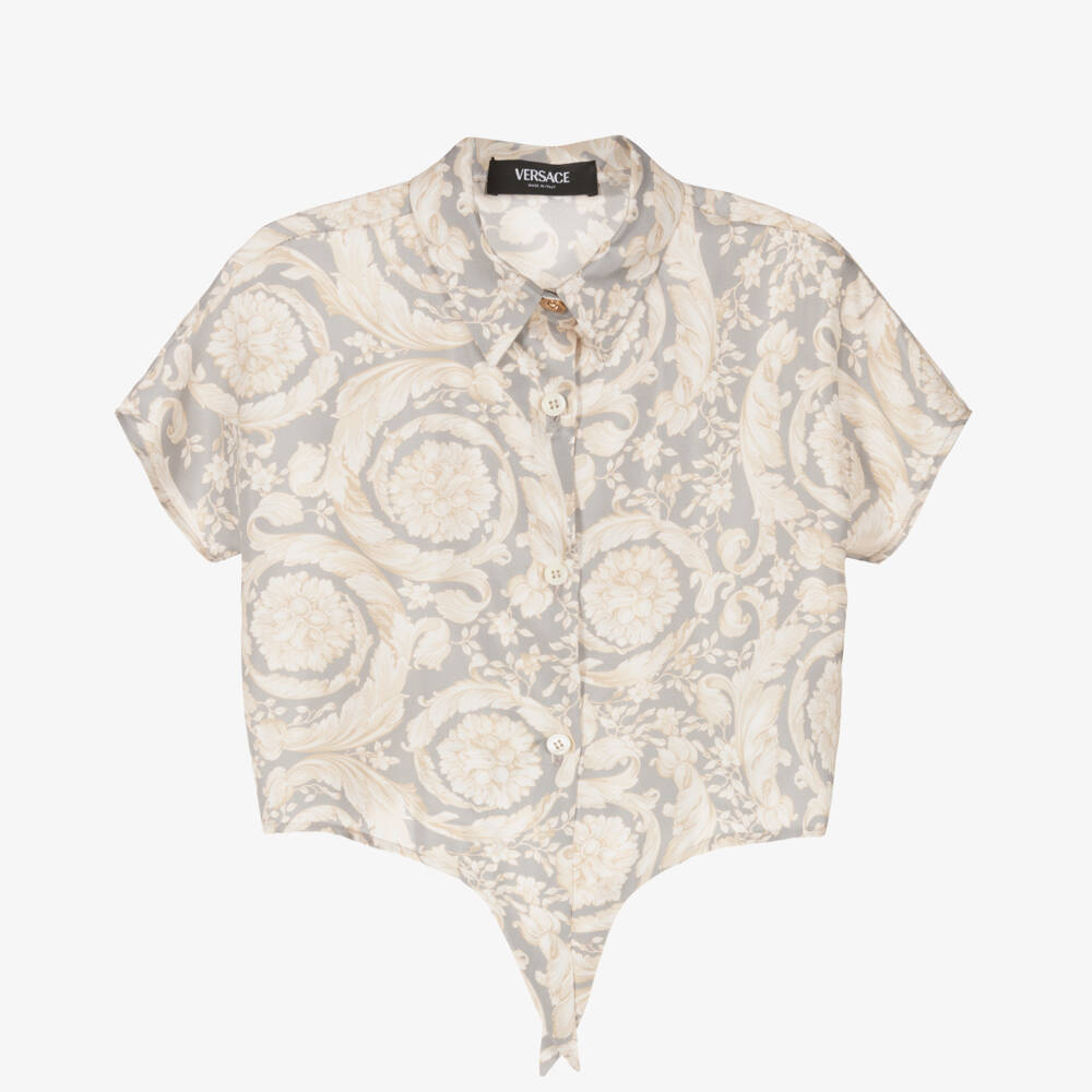Versace-بلوزة باروك حريرية رمادية للبنات | Childrensalon Outlet