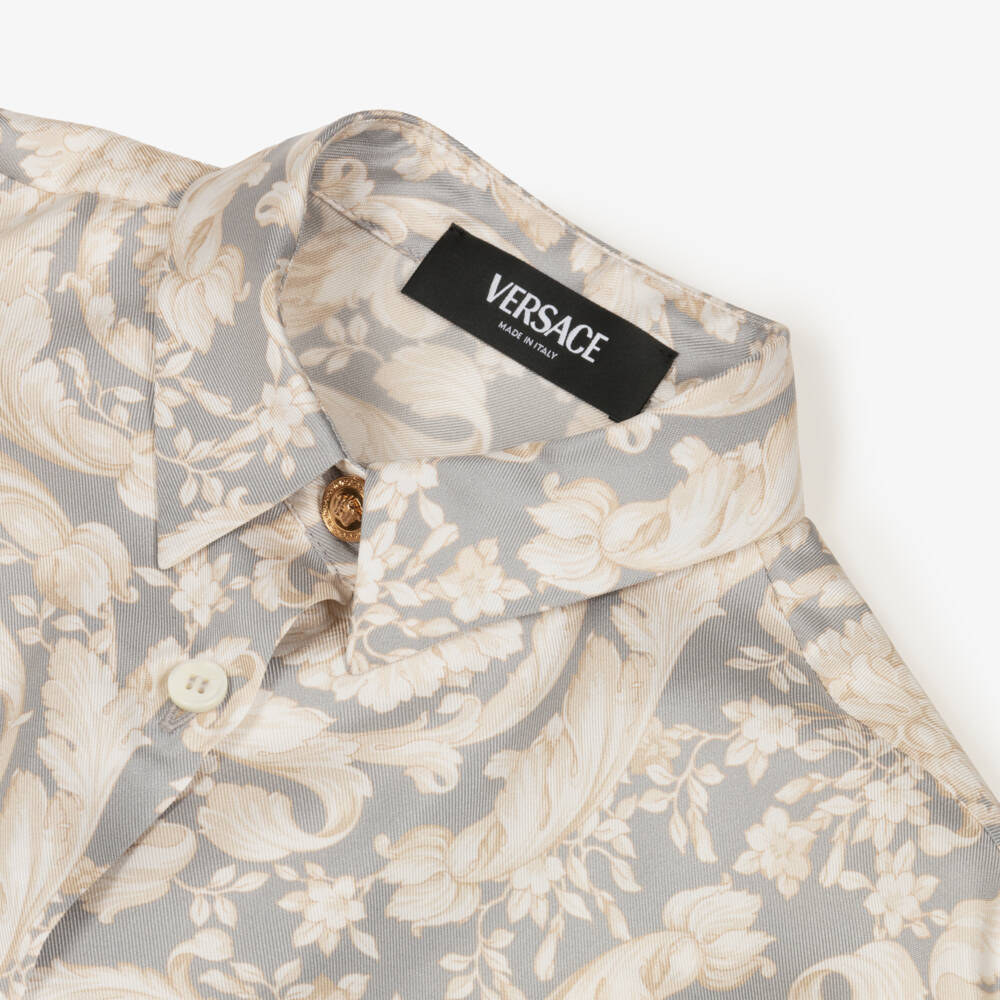 Versace-بلوزة باروك حريرية رمادية للبنات | Childrensalon Outlet