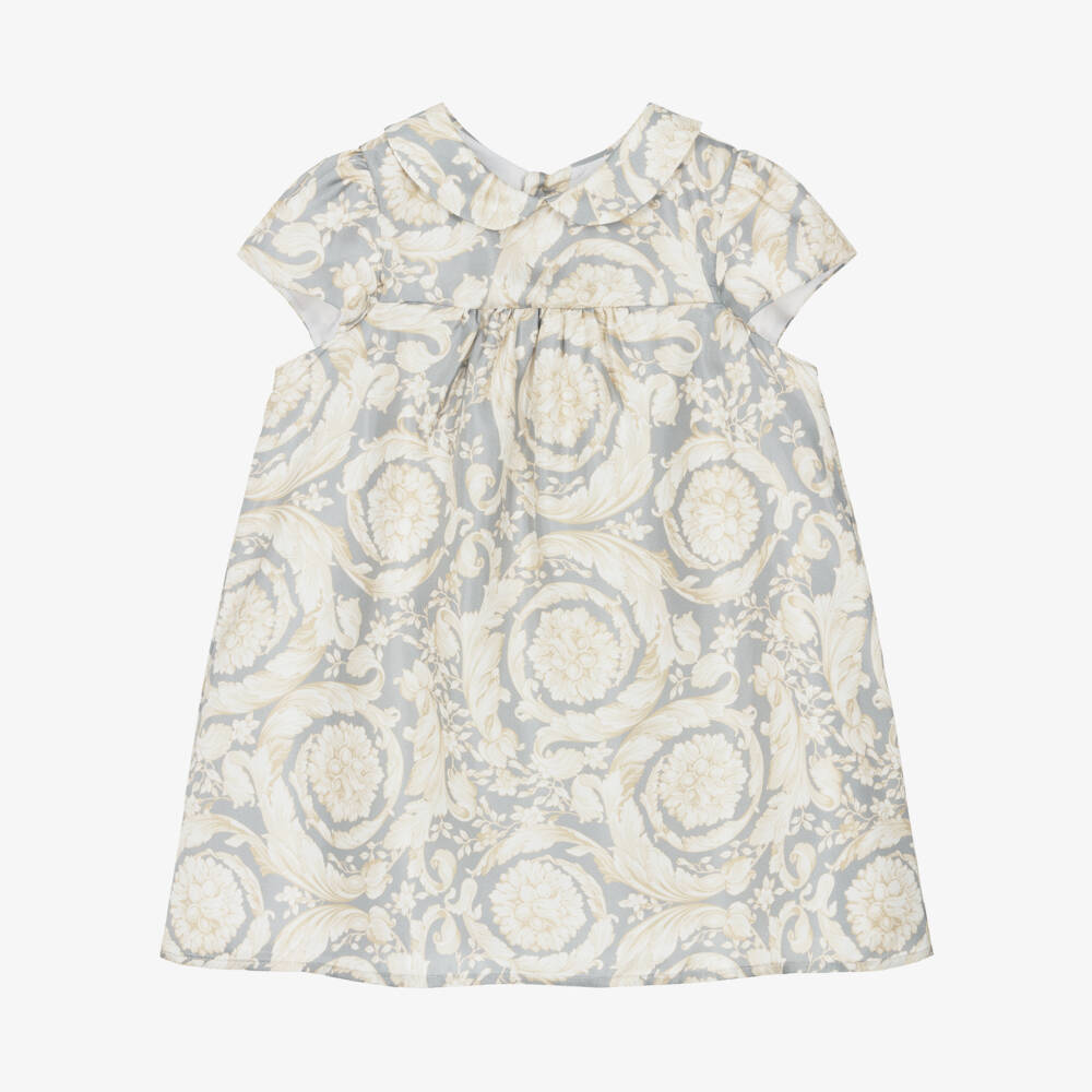 Versace-فستان حريري رمادي وعاجي للبنات | Childrensalon Outlet