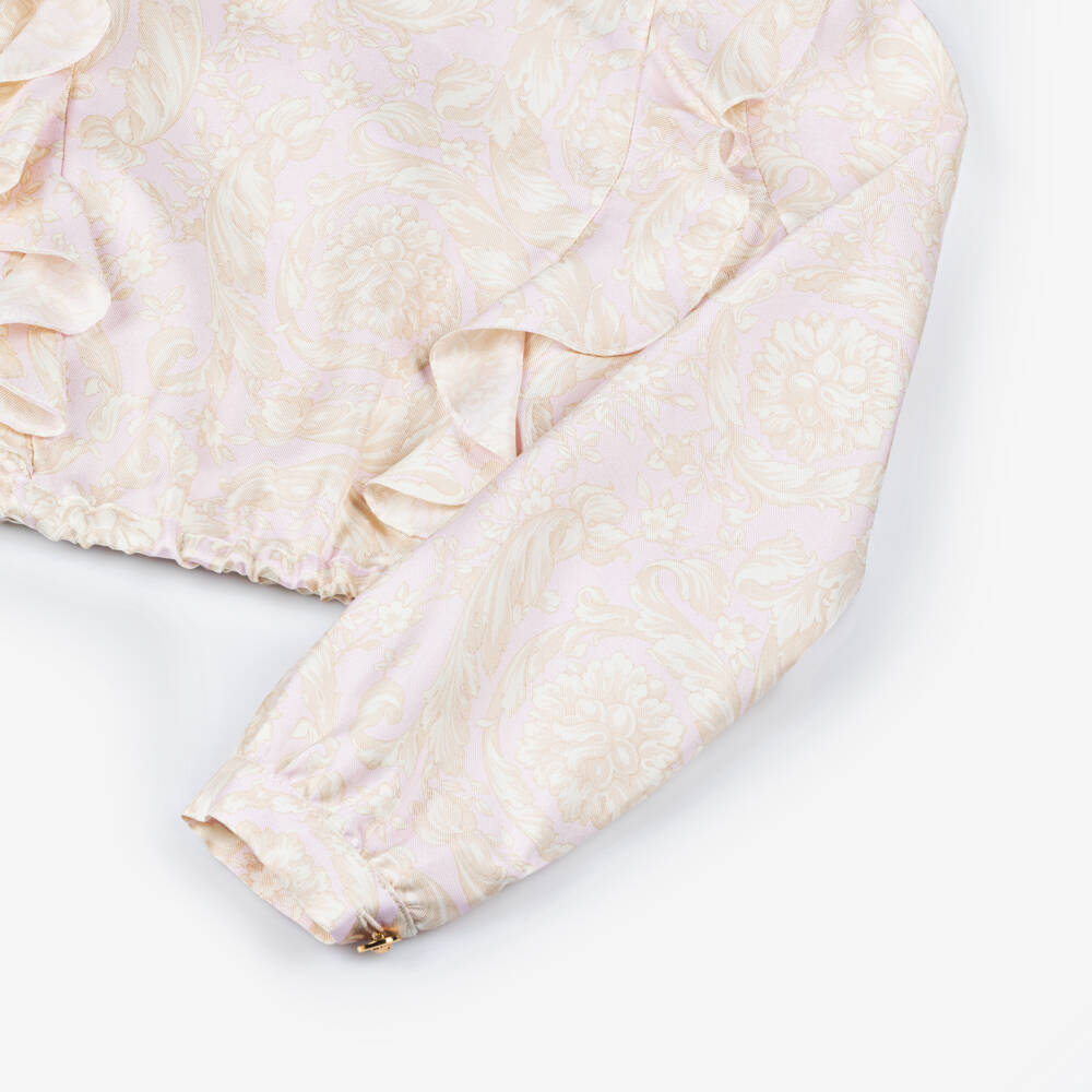 Versace-بلوزة حرير للبنات باللون الوردي الناعم | Childrensalon Outlet