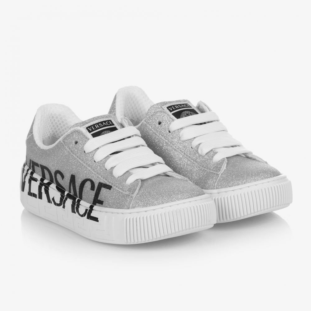 Versace - Girls Silver Lace-Up Trainers | Childrensalon