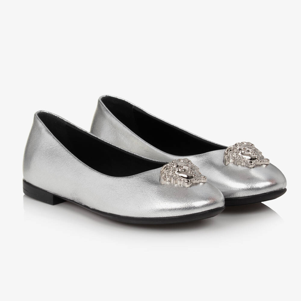 Versace - Girls Silver Medusa Leather Ballerina Pumps | Childrensalon