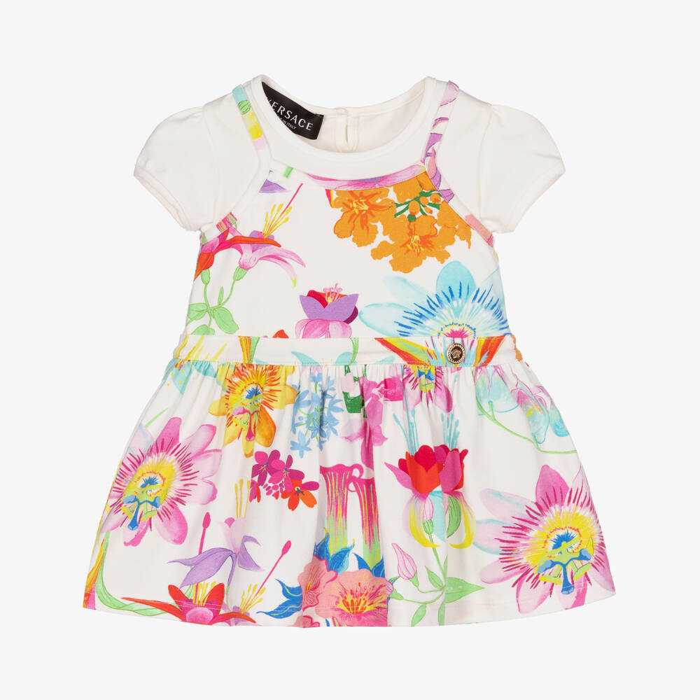 Versace-فستان أبيض ناعم مزين بالزهور للبنات | Childrensalon Outlet