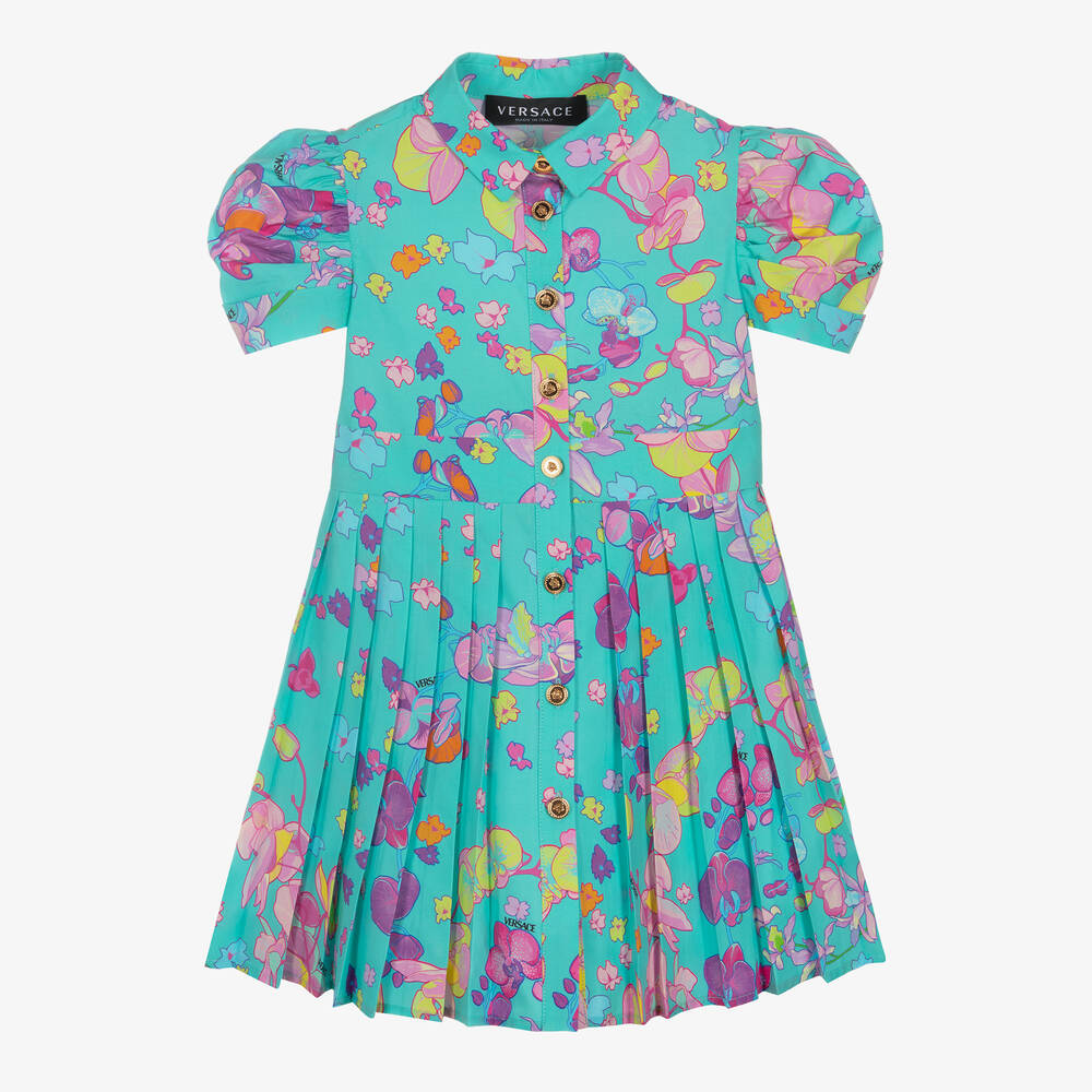 Versace - Girls Turquoise Poplin Floral Dress | Childrensalon