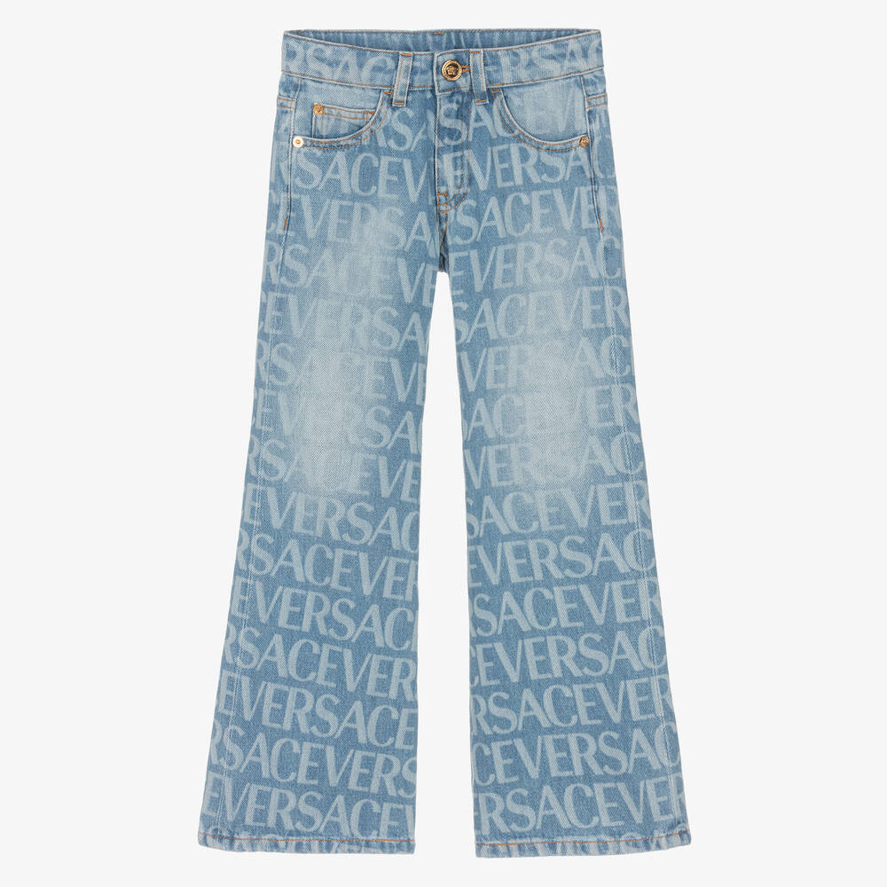 Versace - Girls Washed Blue Logo Flared Jeans | Childrensalon