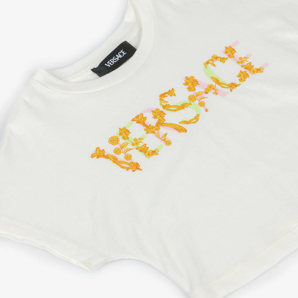 Versace-Girls White Cotton Barocco Logo T-Shirt | Childrensalon Outlet