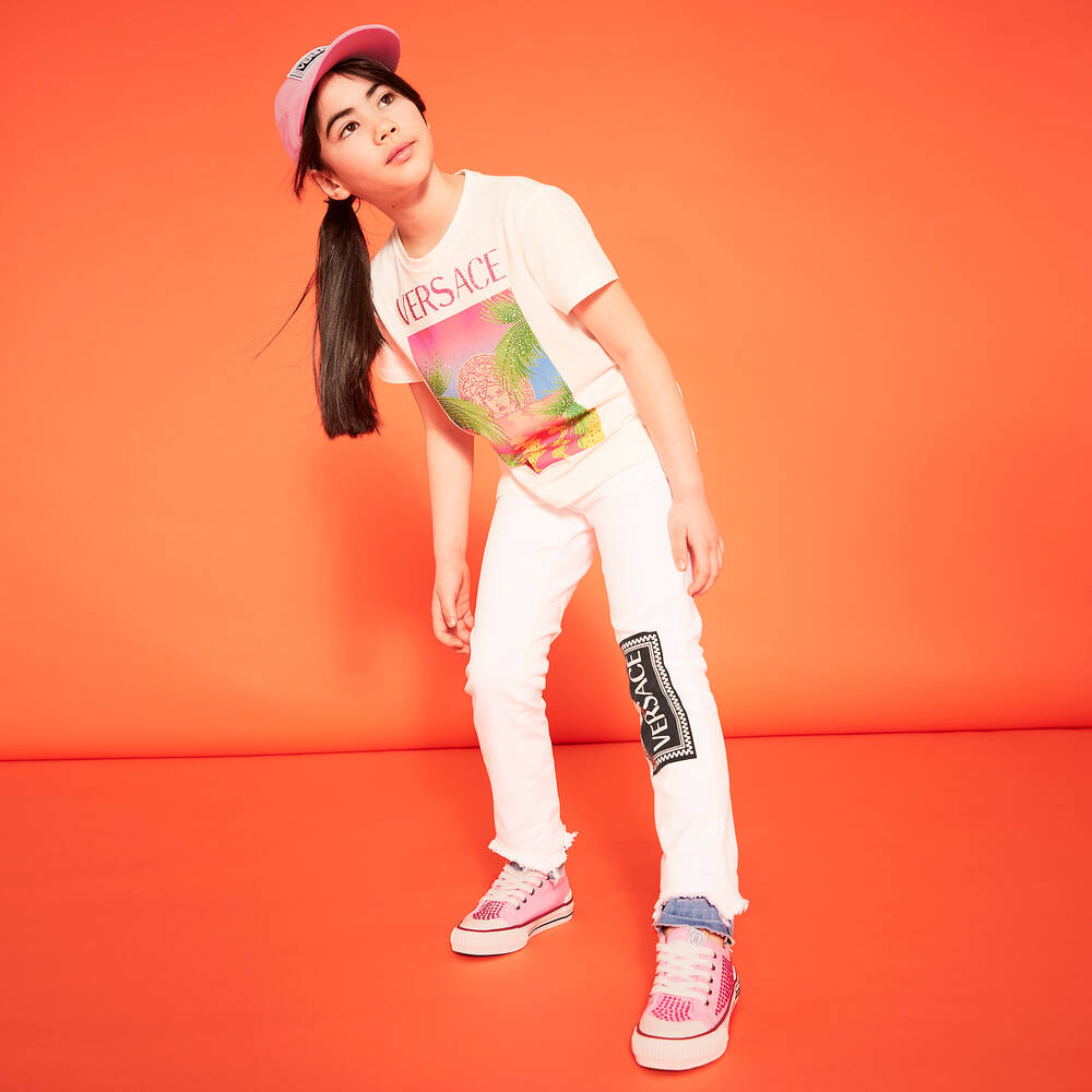 Versace-Girls White Cotton Jeans | Childrensalon Outlet