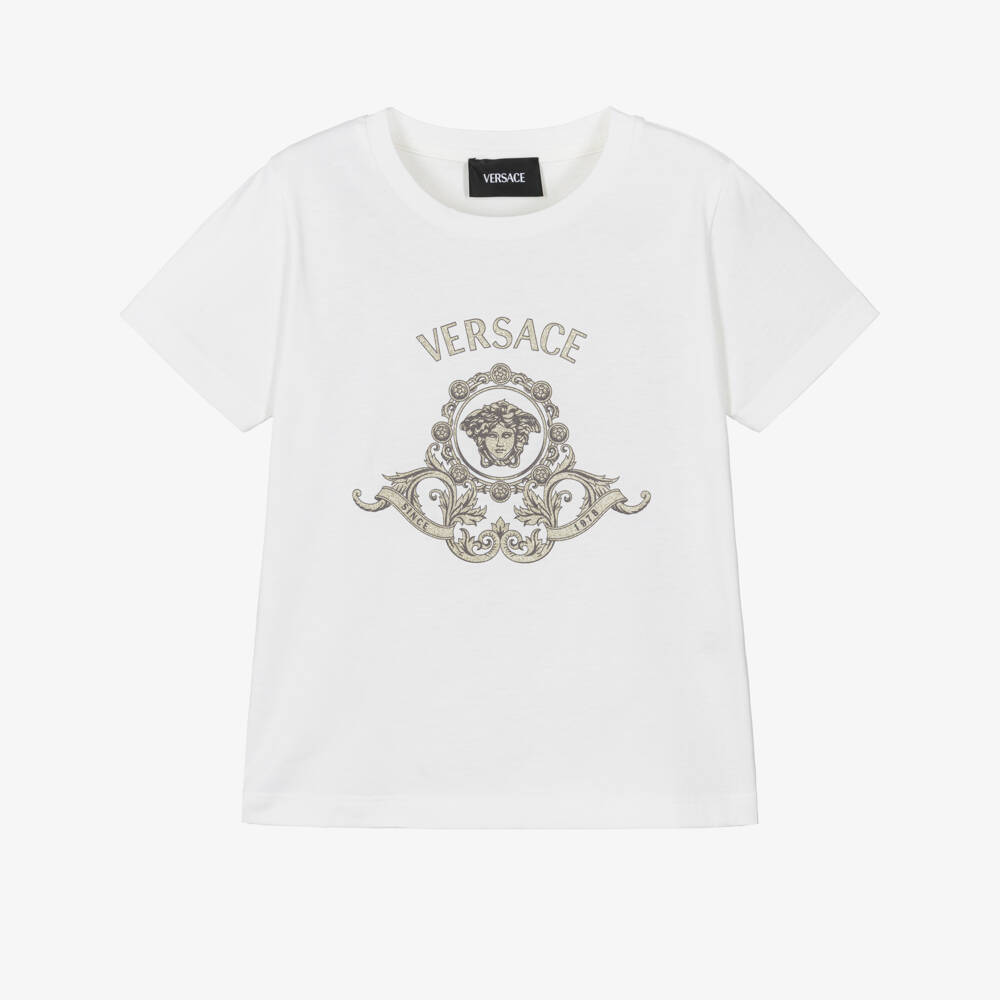 Versace-Girls White Cotton Jersey T-Shirt with Gold Glitter Logo | Childrensalon Outlet