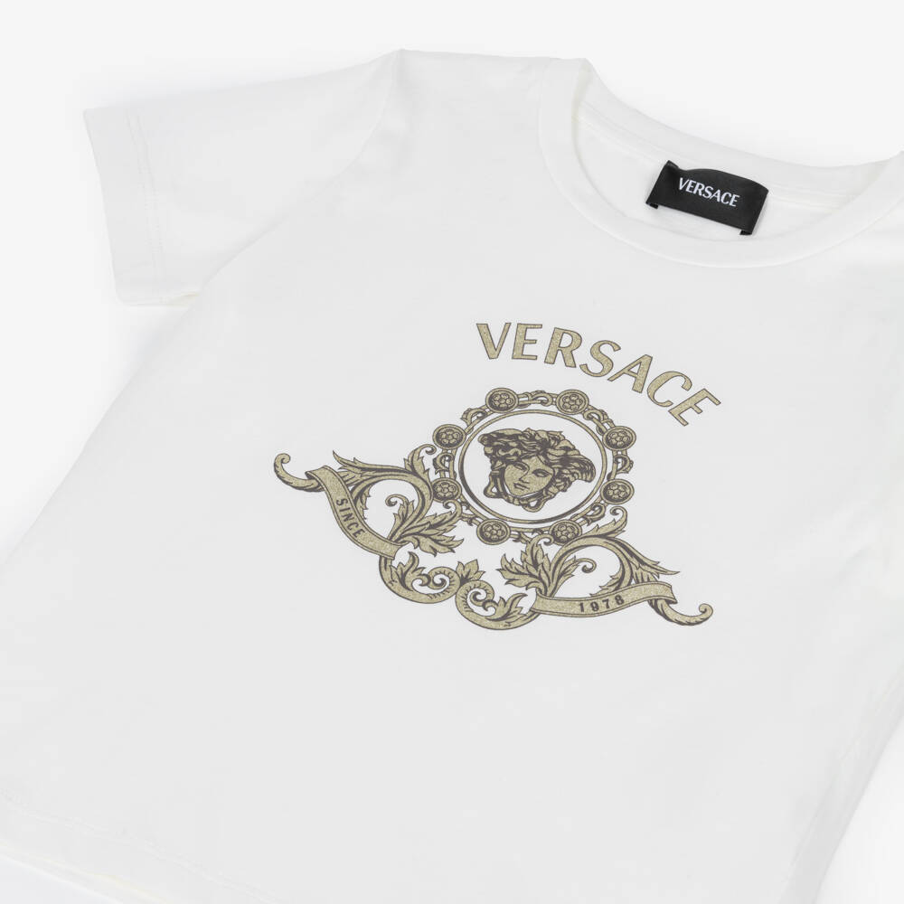 Versace-Girls White Cotton Jersey T-Shirt with Gold Glitter Logo | Childrensalon Outlet