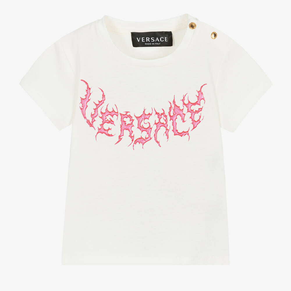 Versace - Girls White Cotton Logo T-Shirt | Childrensalon