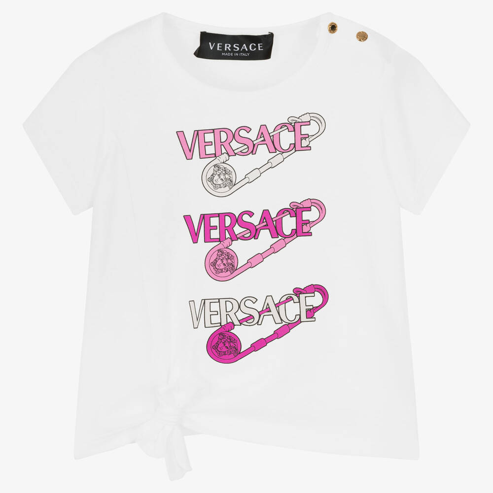 Versace - Girls White Cotton Medusa Pins T-Shirt | Childrensalon