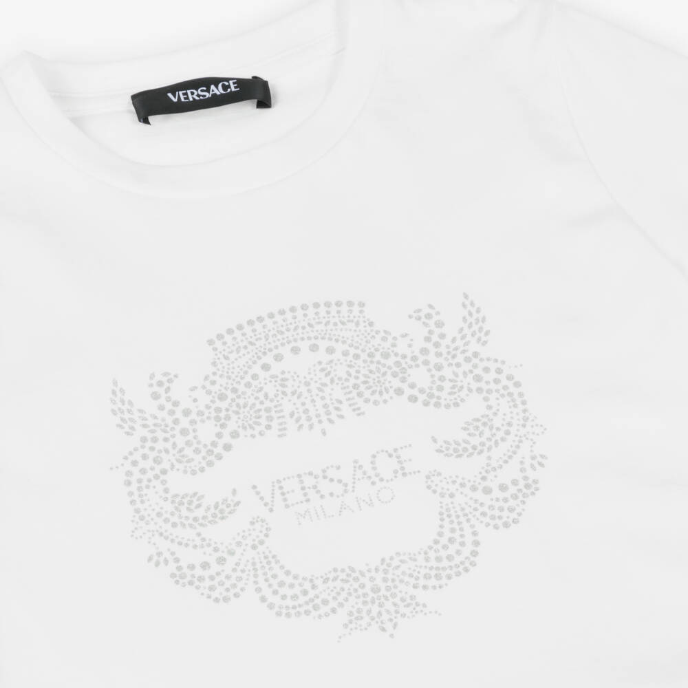 Versace-Белая футболка с блестящим логотипом для девочек | Childrensalon Outlet