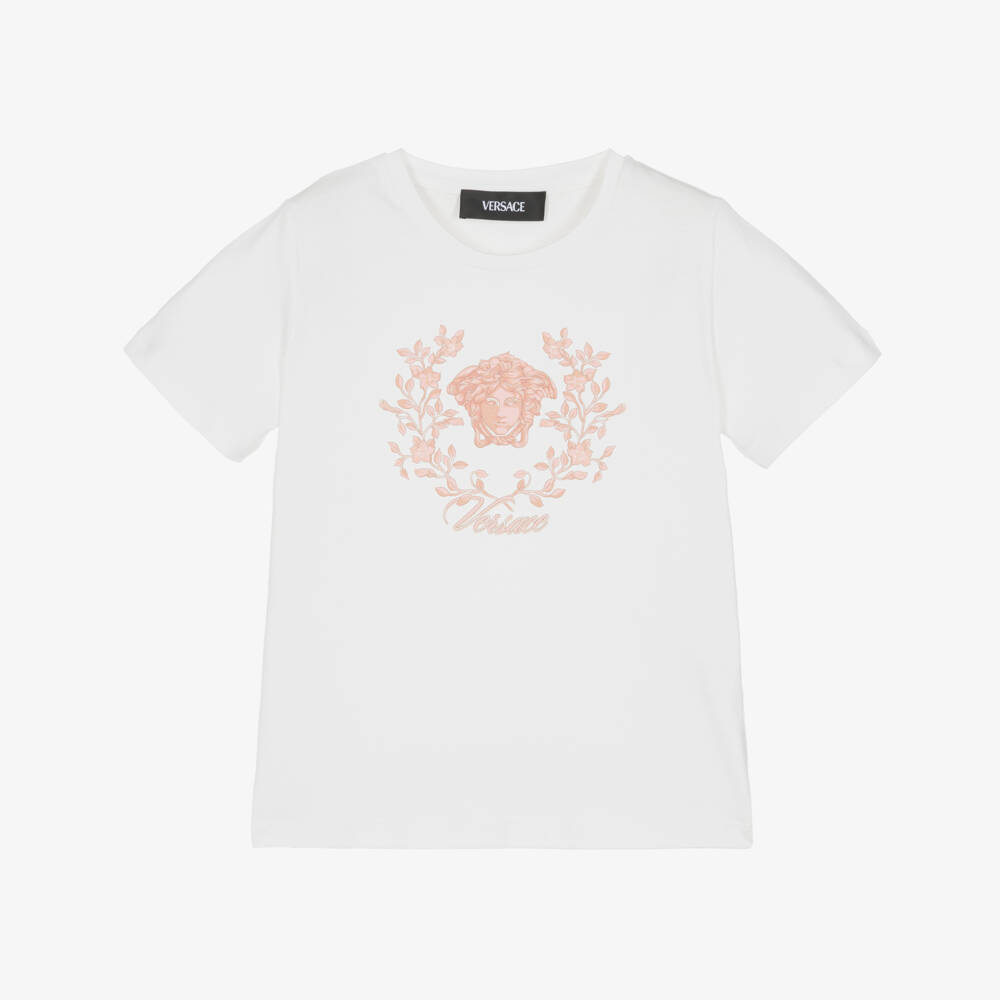 Versace-Girls White Cotton T-Shirt with Pink Medusa Crest Logo | Childrensalon Outlet