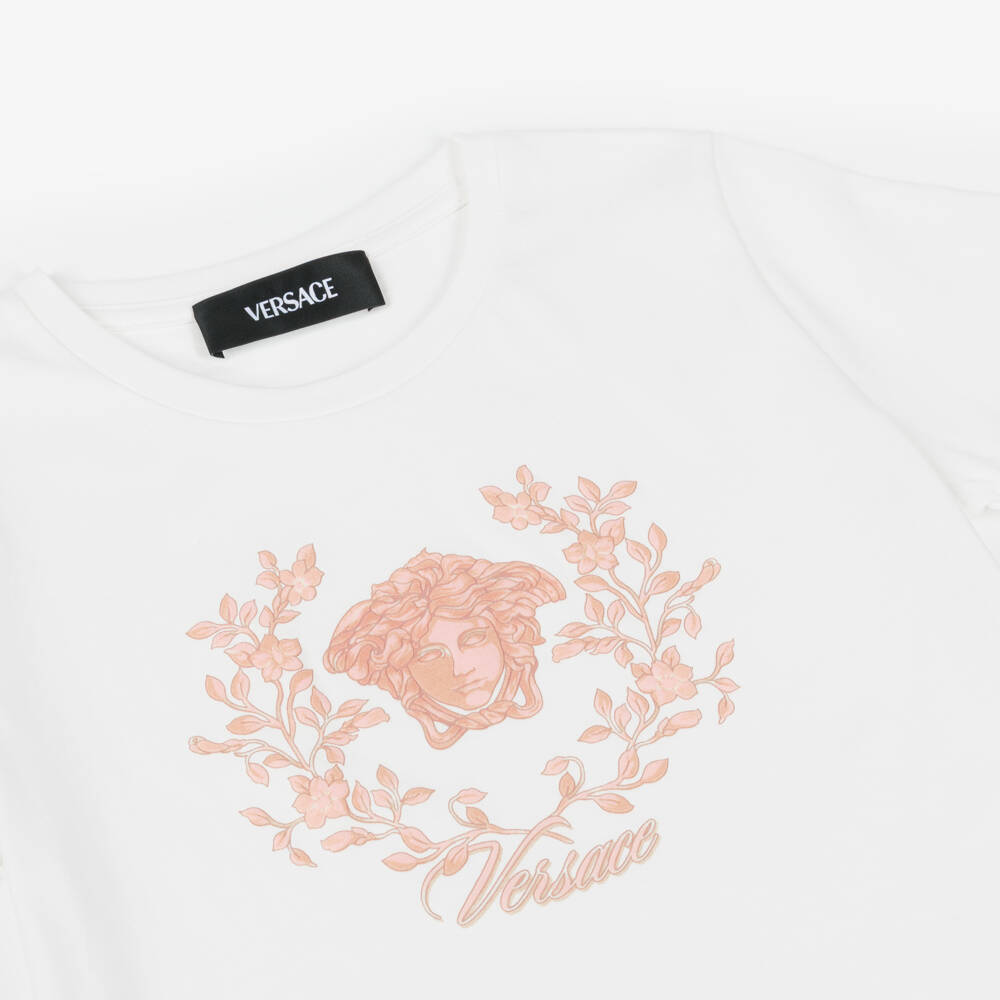 Versace-Girls White Cotton T-Shirt with Pink Medusa Crest Logo | Childrensalon Outlet