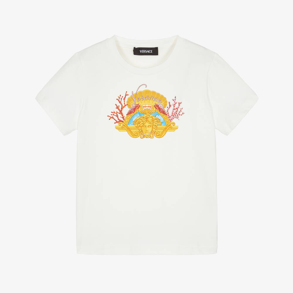 Versace-Girls White Cotton Underwater Barocco Medusa T-Shirt | Childrensalon Outlet