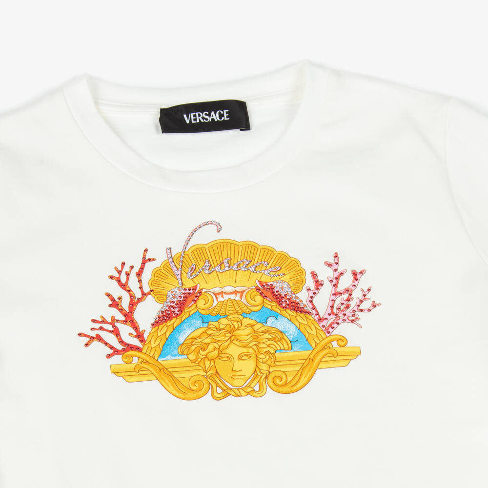 Versace-Girls White Cotton Underwater Barocco Medusa T-Shirt | Childrensalon Outlet
