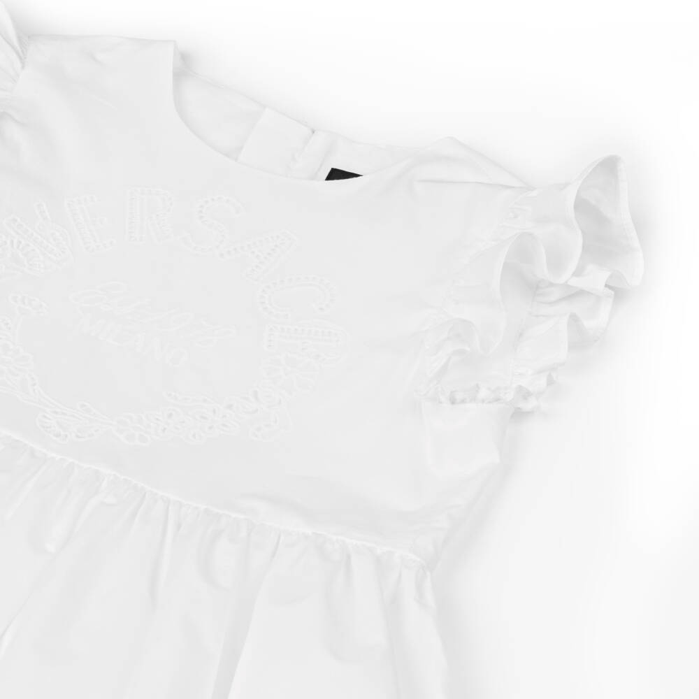 Versace-فستان قطني أبيض مطرز للبنات | Childrensalon Outlet