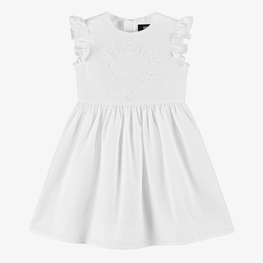 Versace-Girls White Embroidered Cotton Dress | Childrensalon Outlet