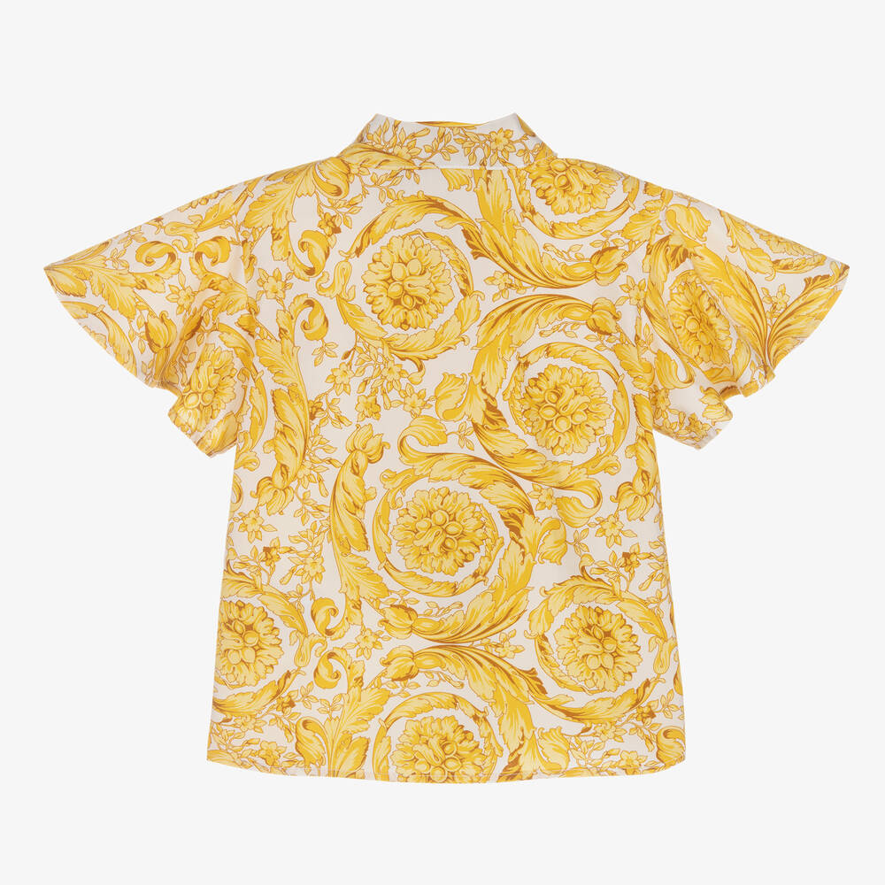 Versace-بلوز أطفال بناتي قطن بوبلين لون أبيض وذهبي بطبعة الباروك | Childrensalon Outlet