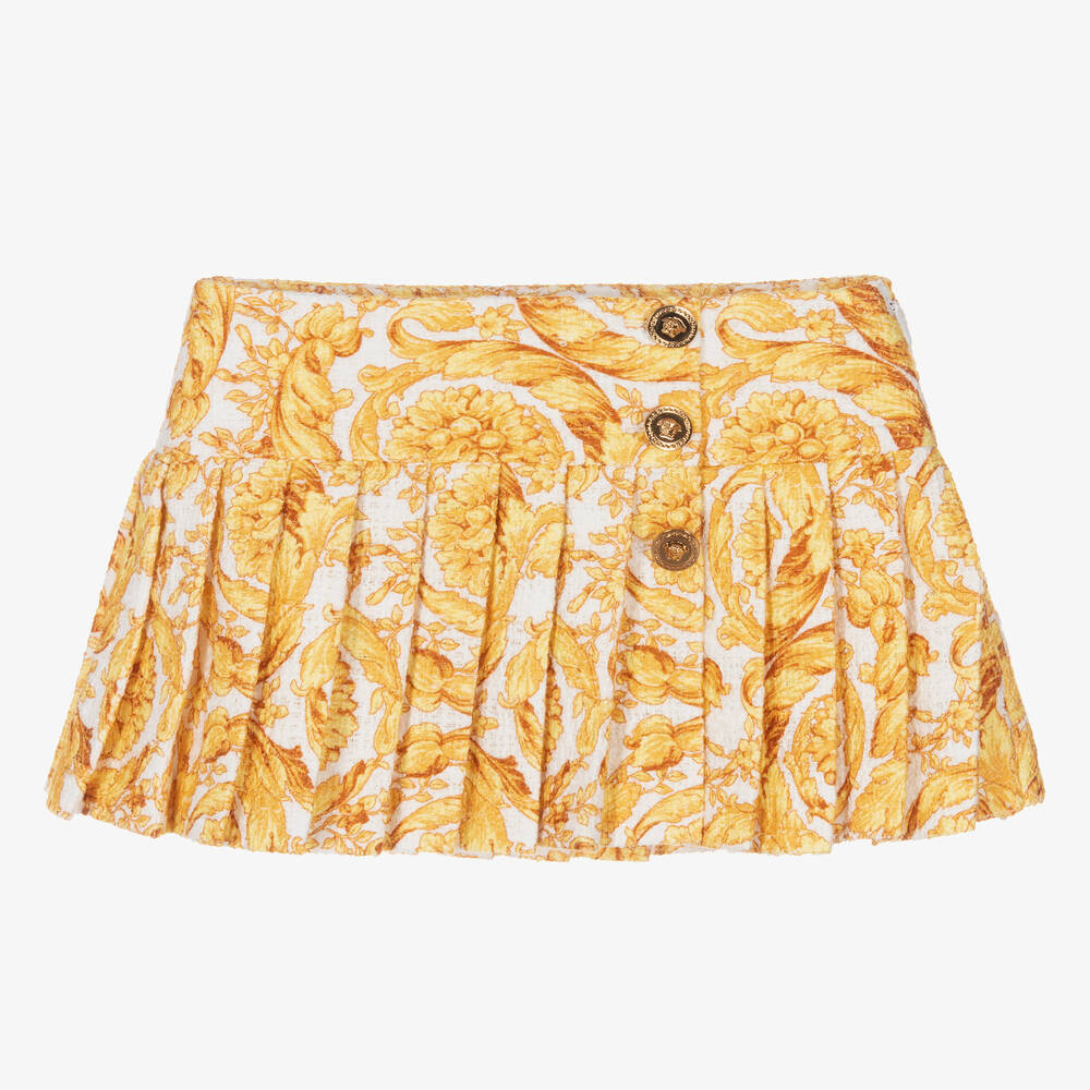 Versace-تنورة مزيج قطن لون أبيض وذهبي بطبعة الباروك | Childrensalon Outlet