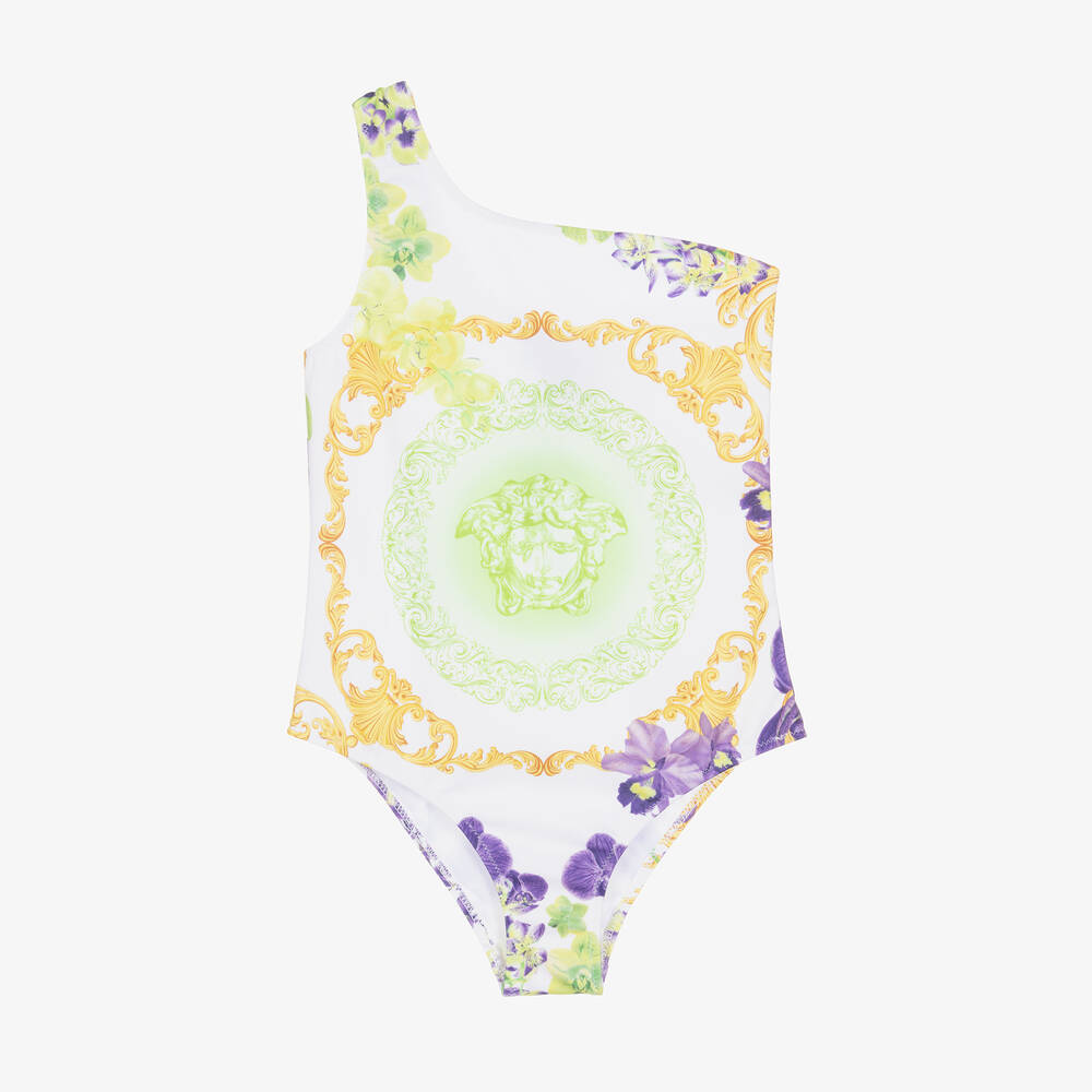 Versace - Girls White Orchid Print Swimsuit | Childrensalon