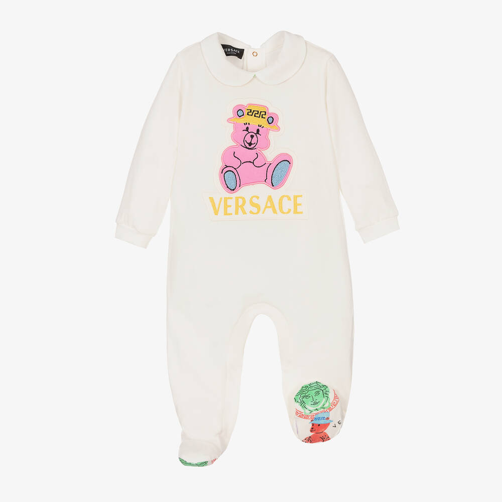 Versace-بيبي غرو قطن جيرسي لون أبيض وزهري للمولودات | Childrensalon Outlet