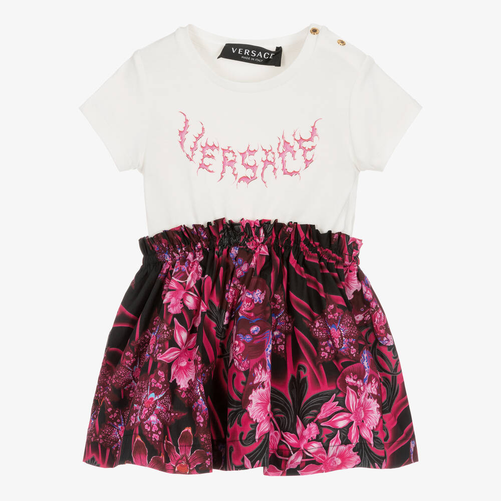 Versace - Robe blanche et rose Barocco fille | Childrensalon