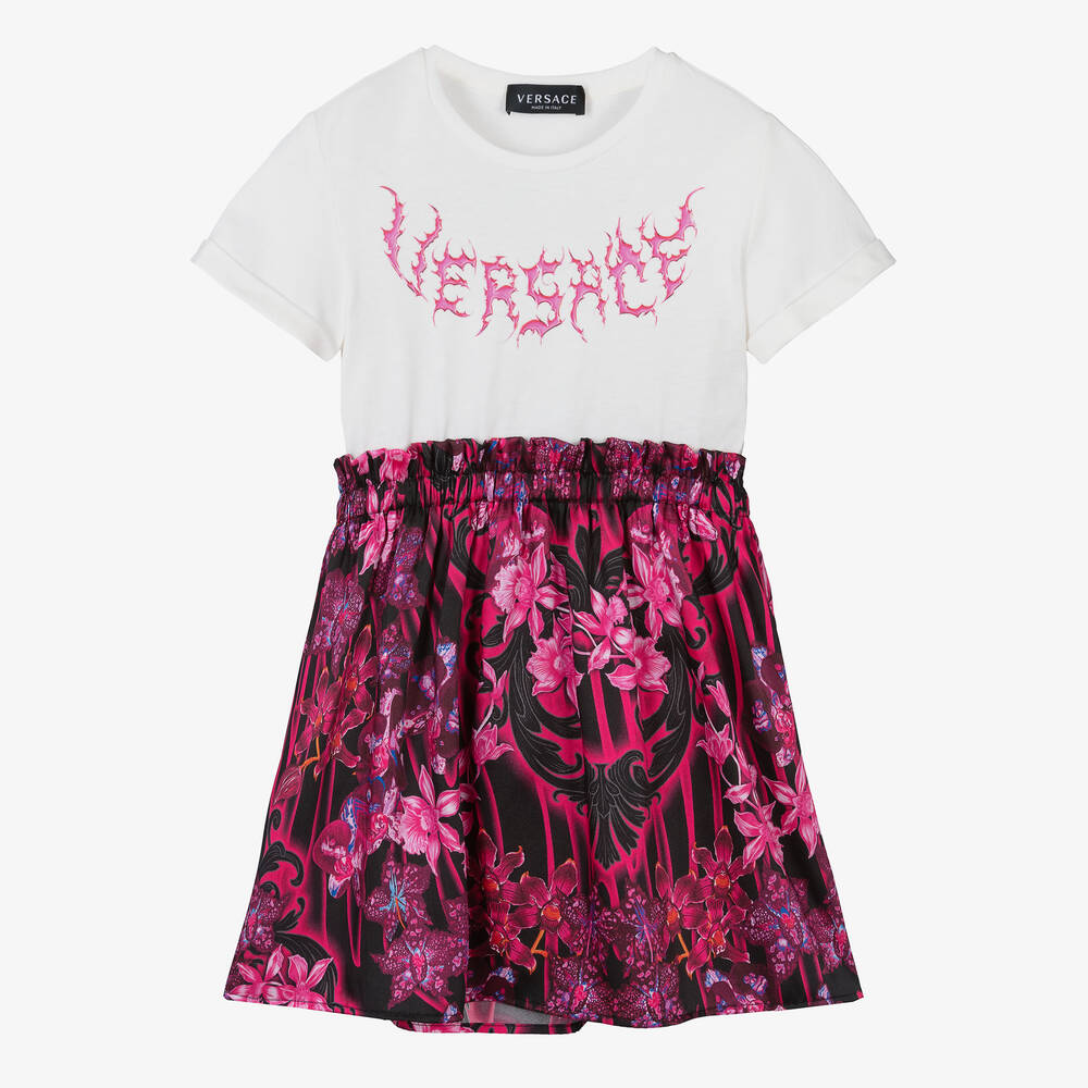 Versace - فستان قطن لون أبيض وزهري بطبعة الباروك | Childrensalon