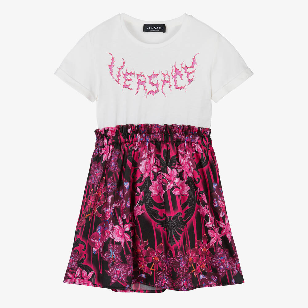 Versace-فستان قطن لون أبيض وزهري بطبعة الباروك | Childrensalon Outlet