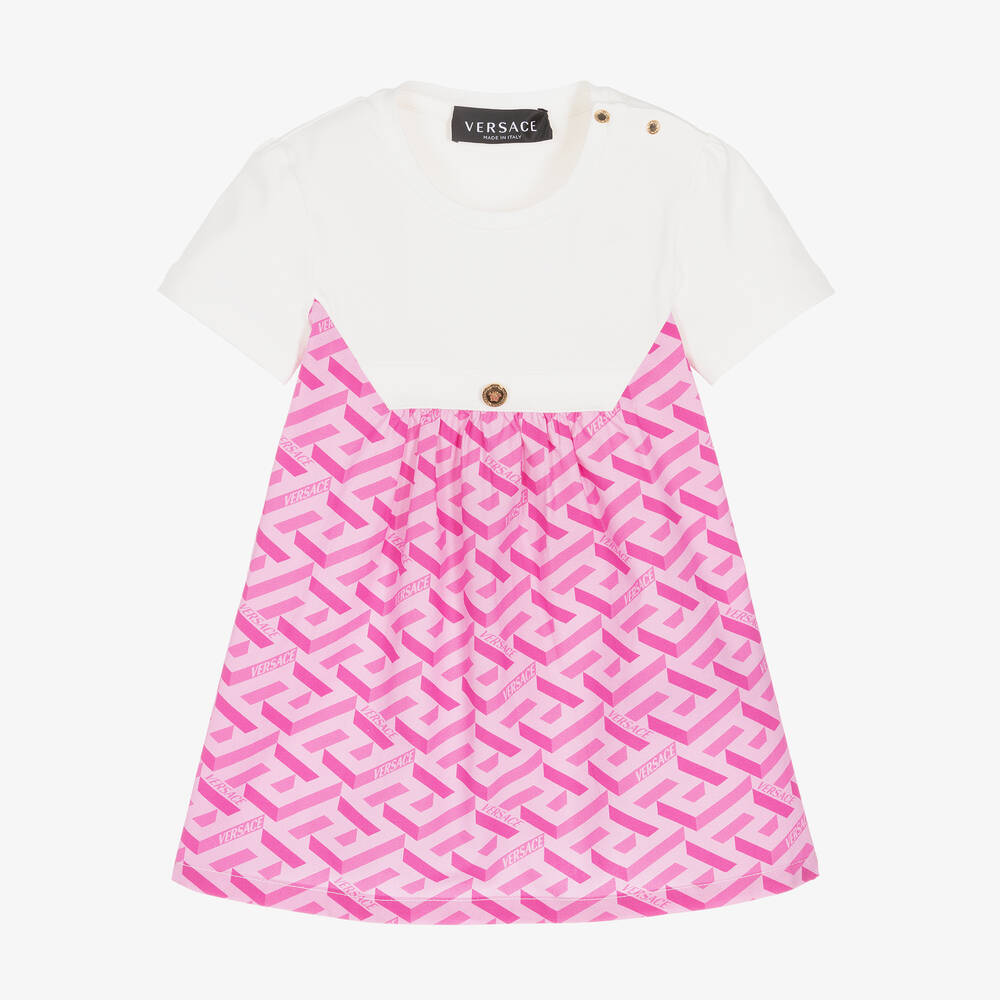 Versace-Girls White & Pink La Greca Logo Dress  | Childrensalon Outlet