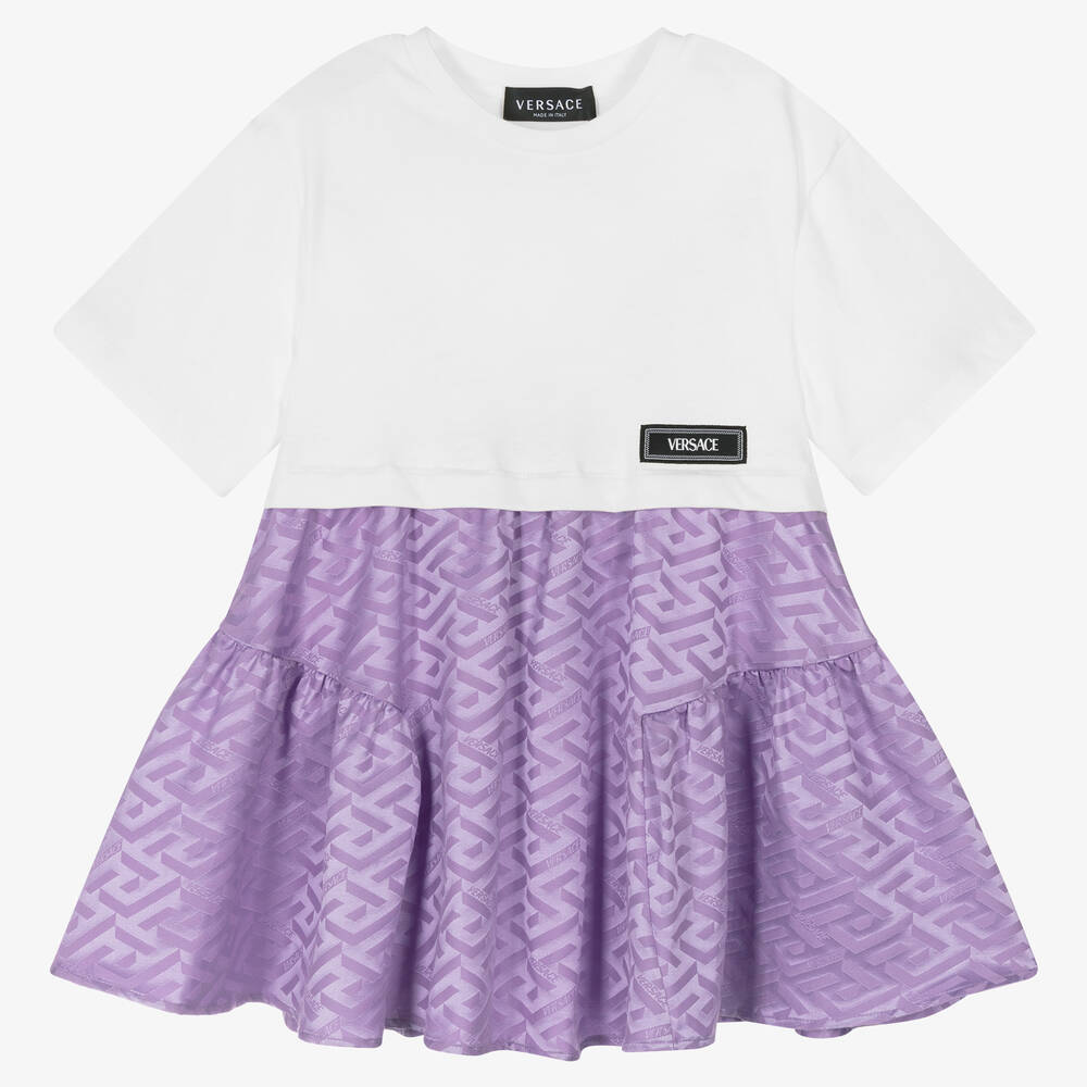 Versace - Бело-фиолетовое платье с принтом Greca Signature | Childrensalon
