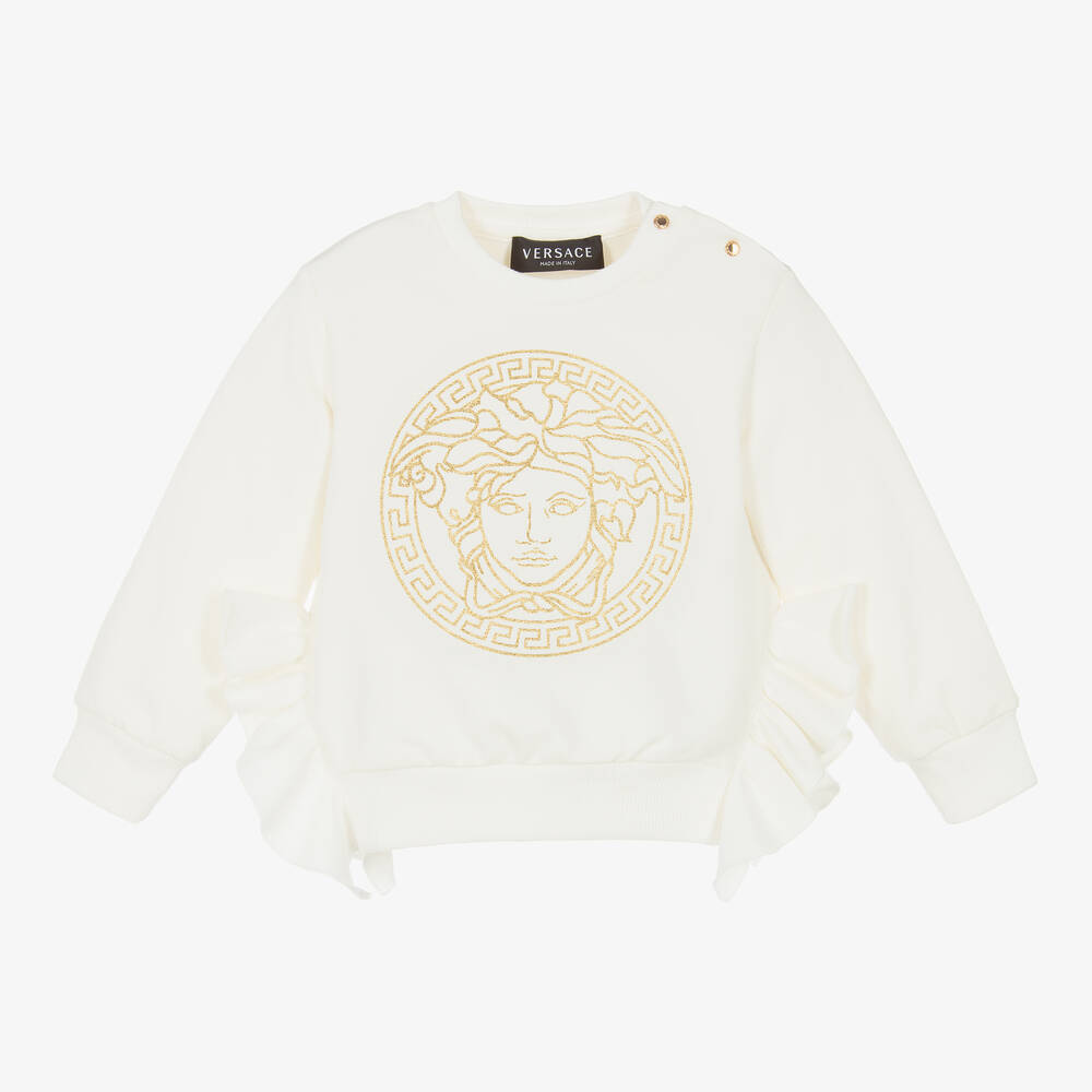 Versace - Girls White Ruffle Medusa Sweatshirt | Childrensalon
