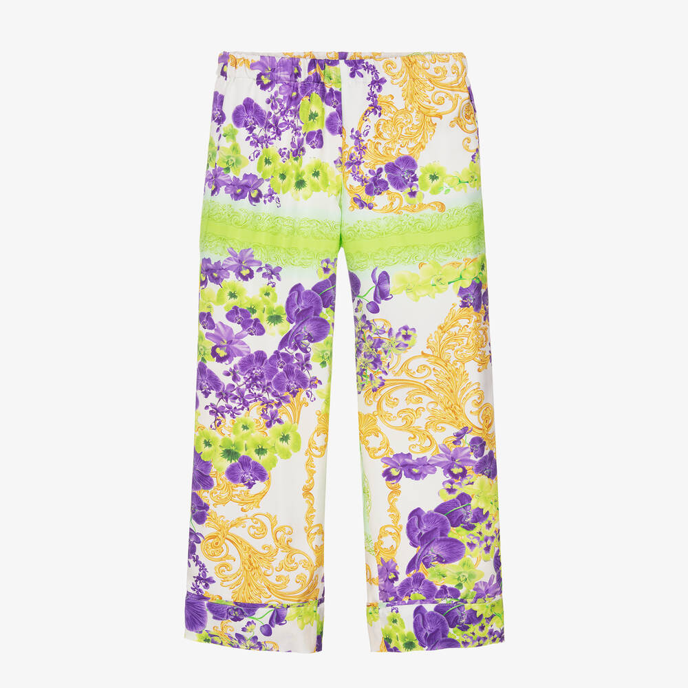 Versace - Girls White Silk Orchid Print Trousers | Childrensalon