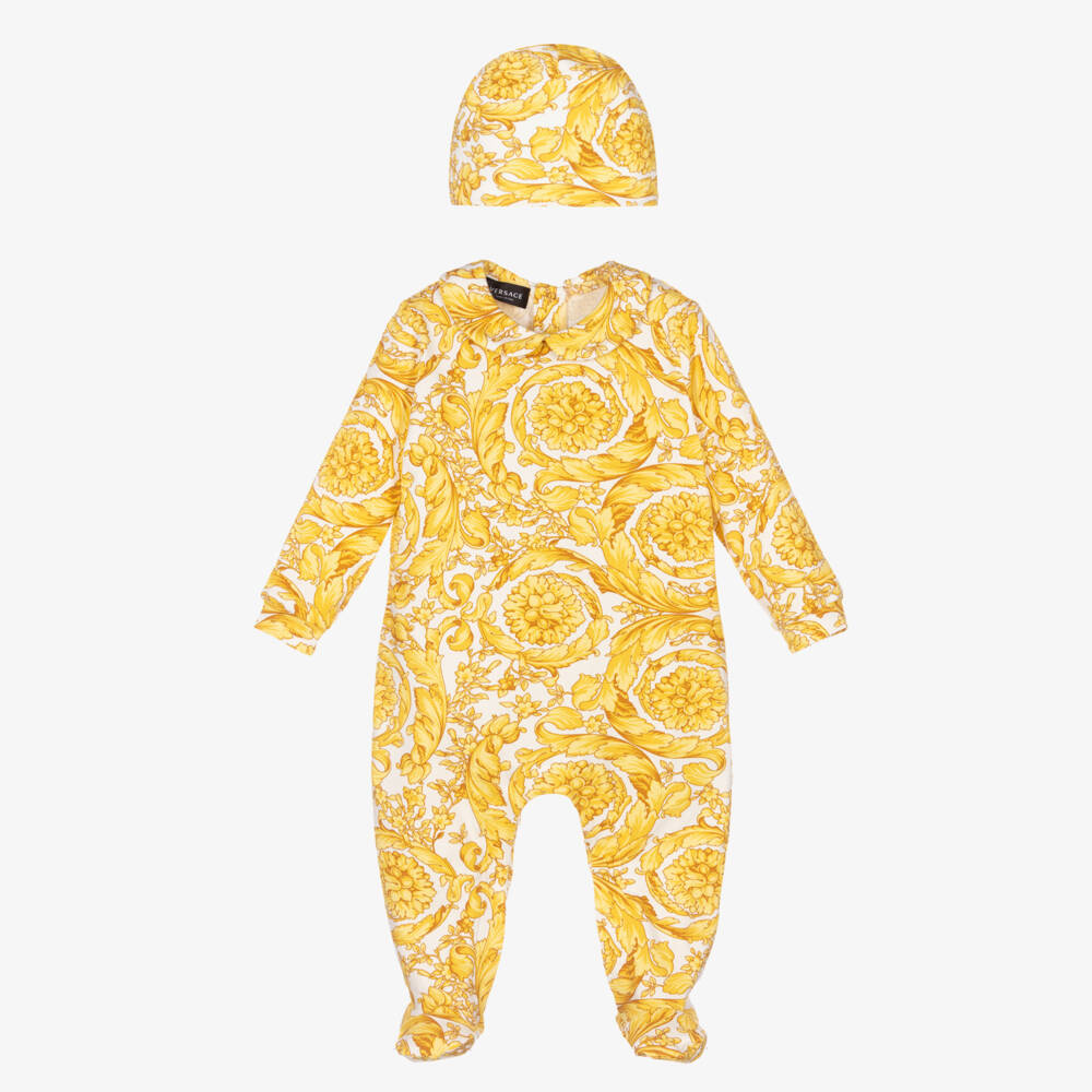 Versace-Gold Barocco Babygrow & Hat Set | Childrensalon Outlet