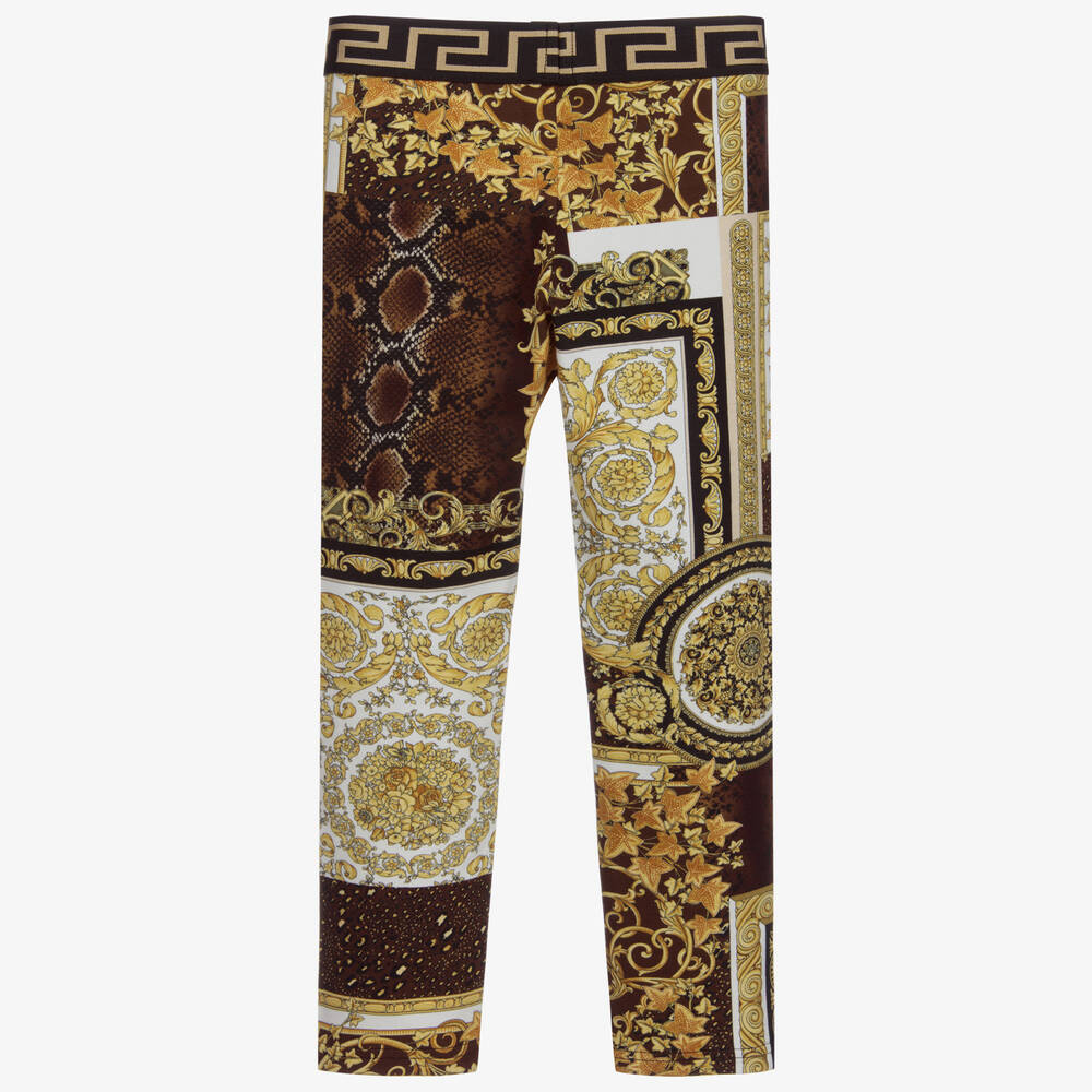 Versace-ليغنغز قطن جيرسي بطبعة باروك لون ذهبي للبنات | Childrensalon Outlet