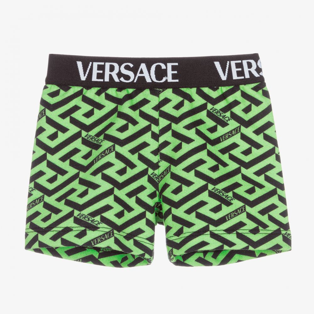 Versace - Зеленые шорты с фирменным принтом Greca | Childrensalon