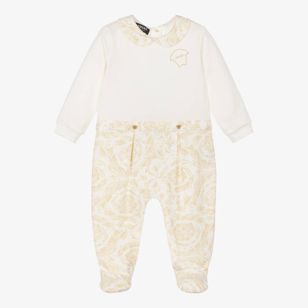 Versace-Ivory & Beige Cotton Barocco Babygrow | Childrensalon Outlet