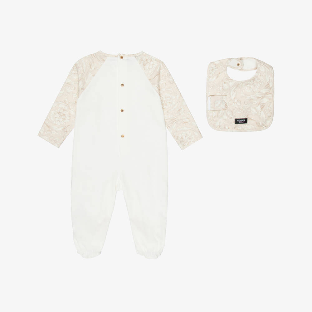 Versace-Ivory & Beige Cotton Whisper Barocco Babysuit Gift Set | Childrensalon Outlet