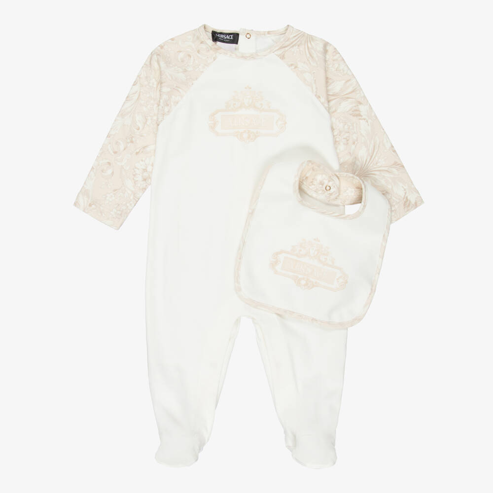 Versace-Ivory & Beige Cotton Whisper Barocco Babysuit Gift Set | Childrensalon Outlet