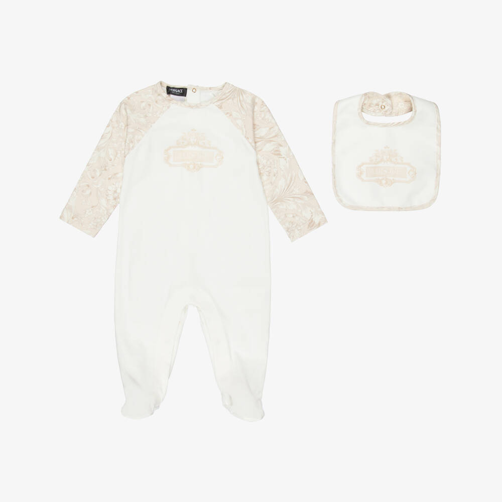 Versace-Ivory & Beige Cotton Whisper Barocco Babysuit Gift Set | Childrensalon Outlet